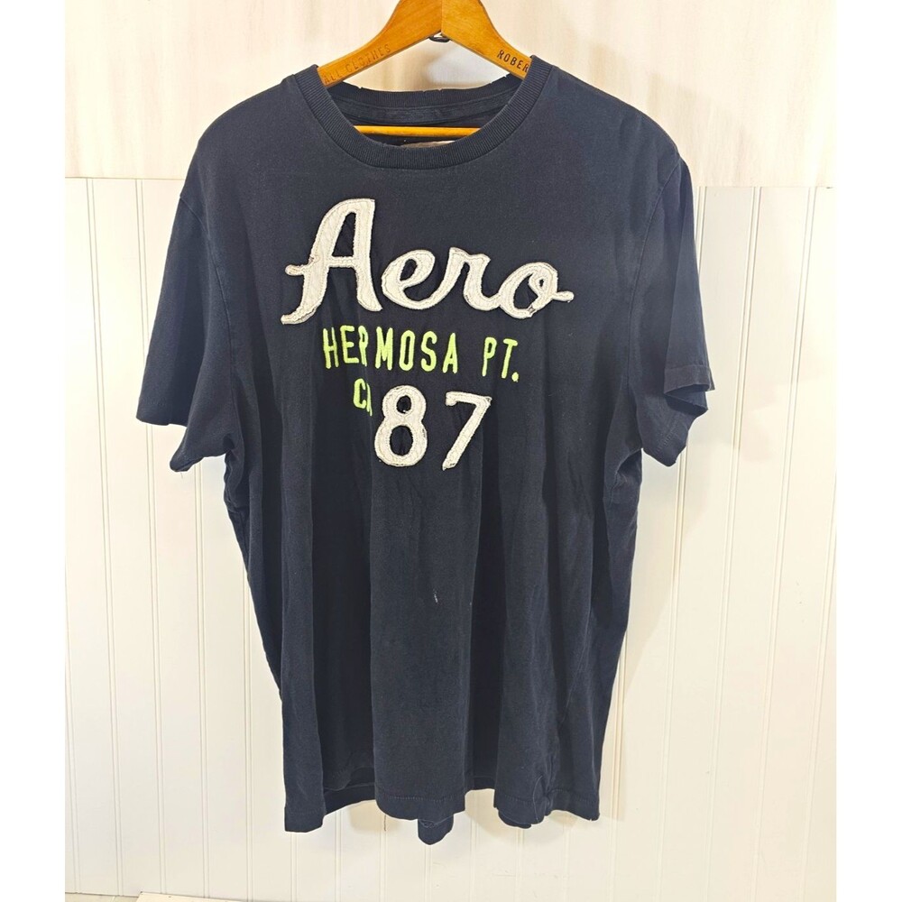 Aéropostale Men Black Graphic Print Knit Cotton Crew Neck  Tee XL, Single Stitch